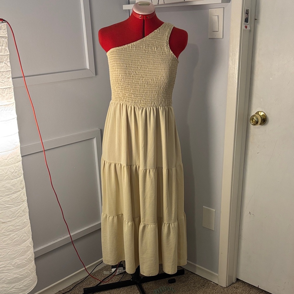 Amazon One-Shoulder Cream Smocked Tiered Maxi Dress